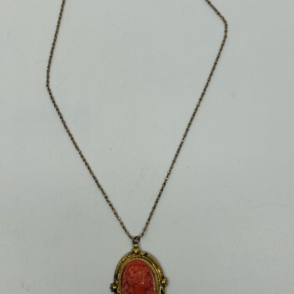 1/20 12k Gold Filled 18” Chain Necklace Coro Sterling Cameo Pendant Red Vintage - Picture 12 of 12